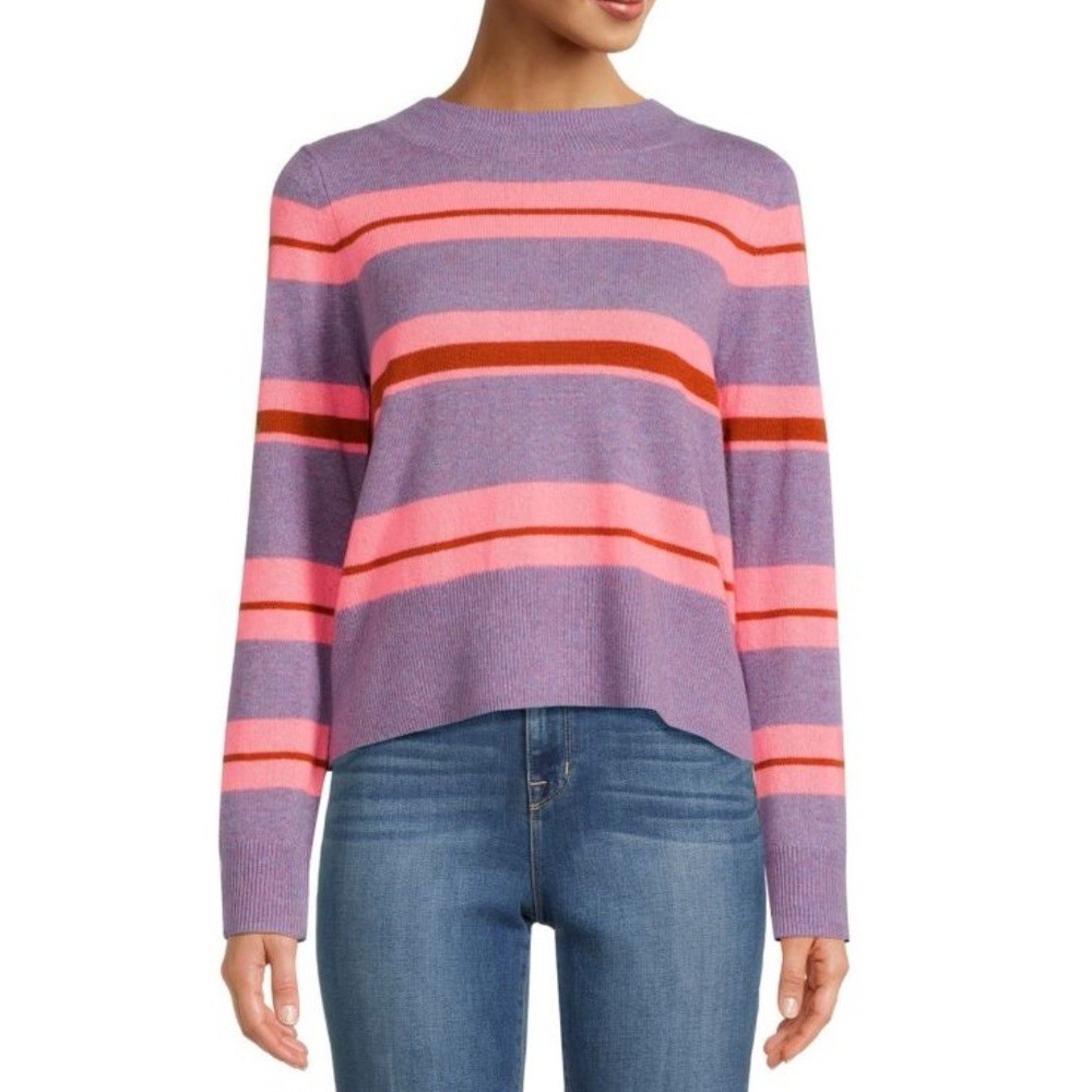 Lisa Todd Cashmere Earn Your‎ Stripes Purple Pink Oversized Crop Sweater Prep XS